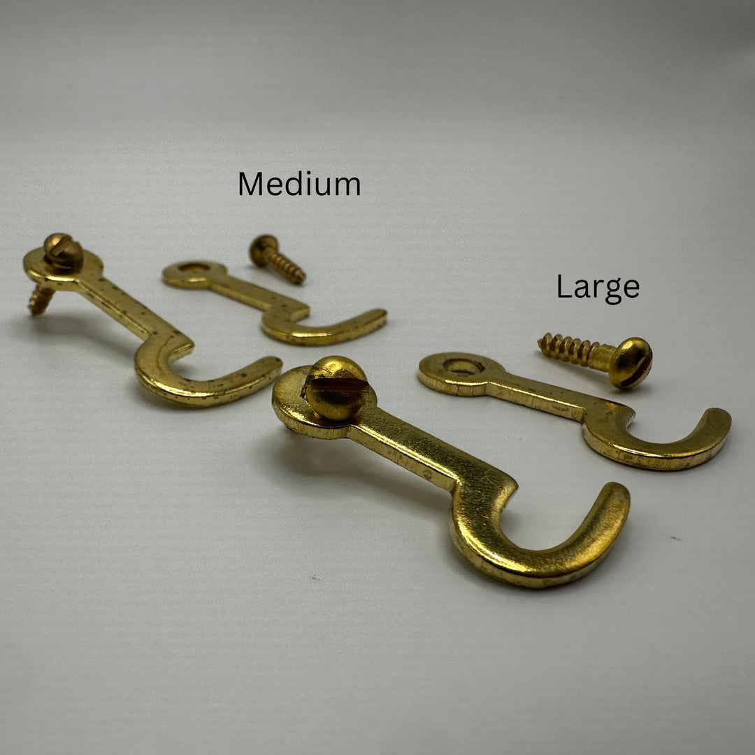 Brass Latch Hook – Brass-Plated Stamped Steel, Available in Medium and Large Sizes Cabinet Hardware Restoration Supplies   