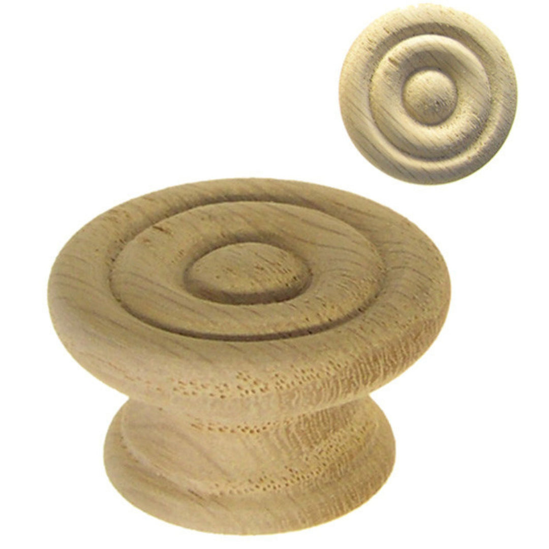 Round Oak Knob with Detailed Rings: Customizable Wooden Knob in Two Sizes Furniture Hardware Restoration Supplies   